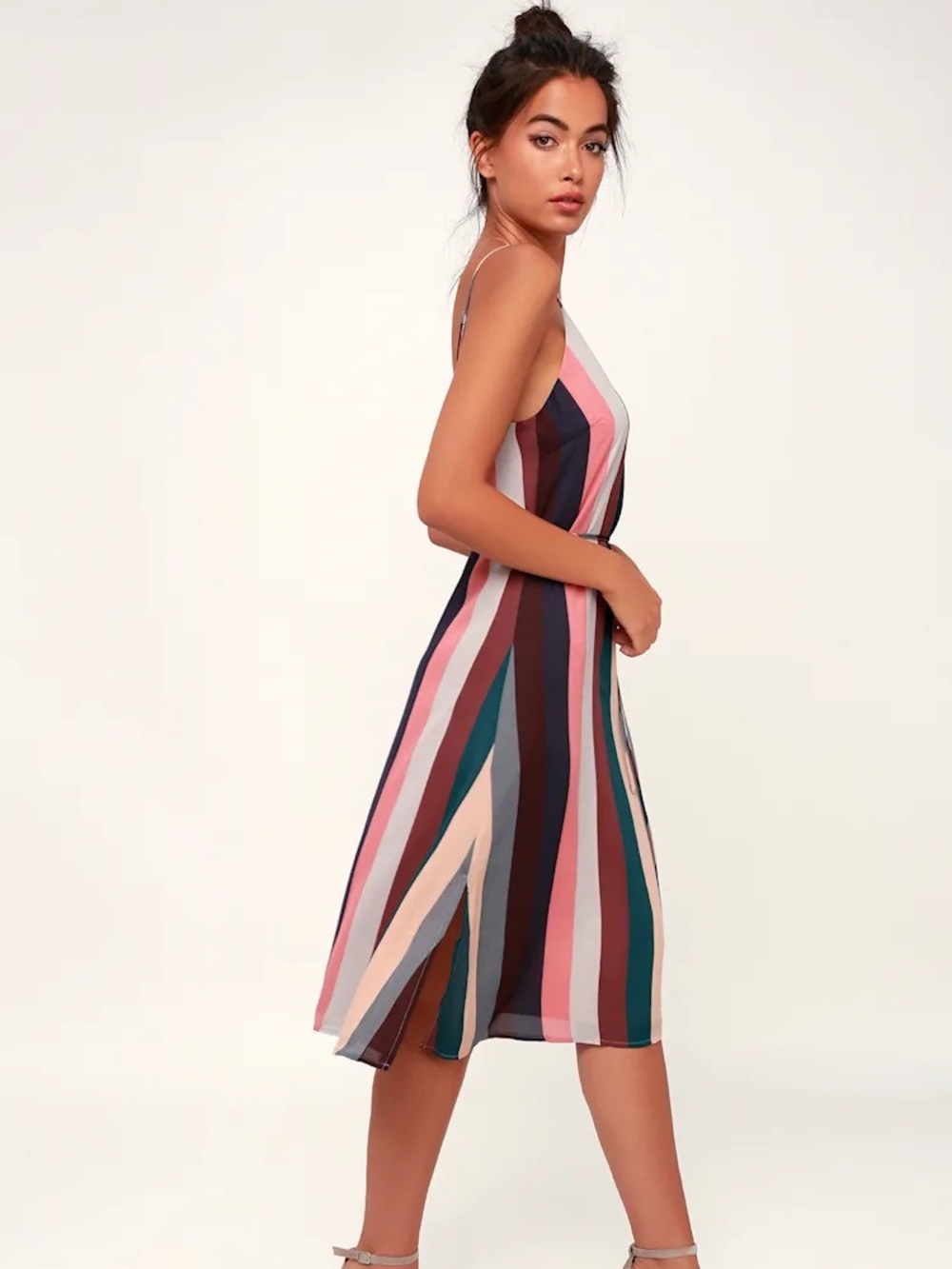 •LULUS• Erina Mauve Multi Stripe Midi Slip Dress (missing belt)